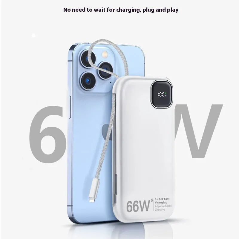 Black portable power bank with integrated charging cable showing compact industrial design