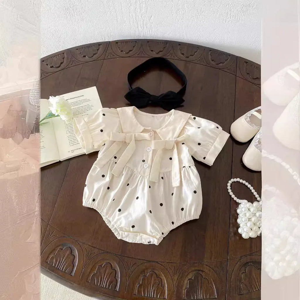 Girls' light beige polka dot jumpsuit with matching headband, Korean style, cotton, baby romper size 66-100cm