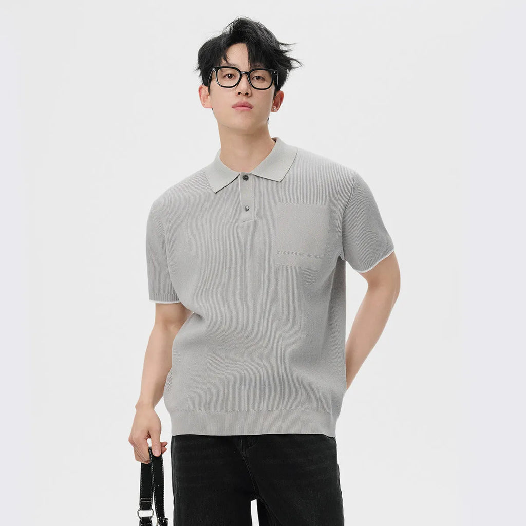 Men's business casual summer sweater with contrast lapels in solid colour, short sleeves, polyester blend