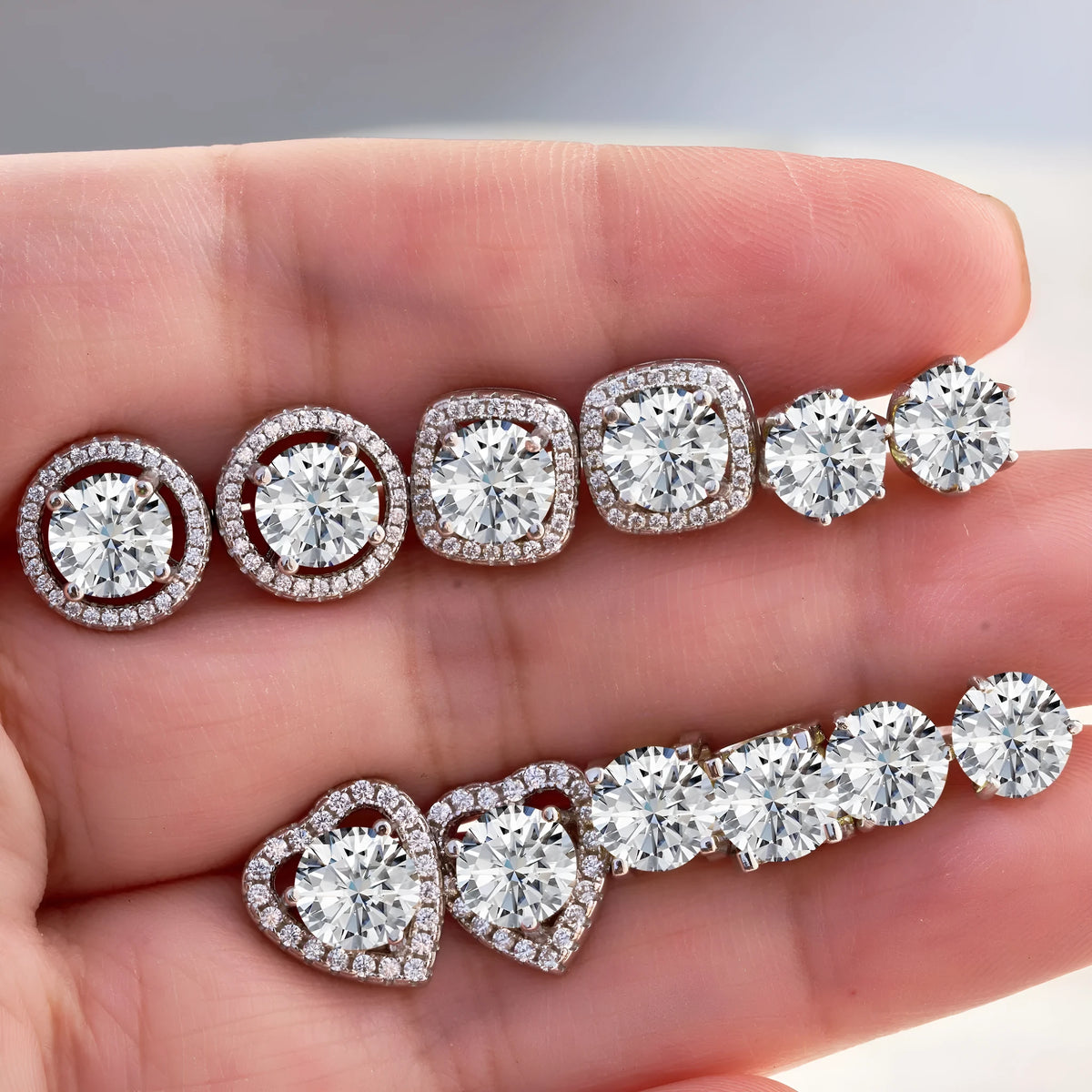S925 sterling silver moissanite stud earrings with U-shaped round micro inlaid setting, one pair