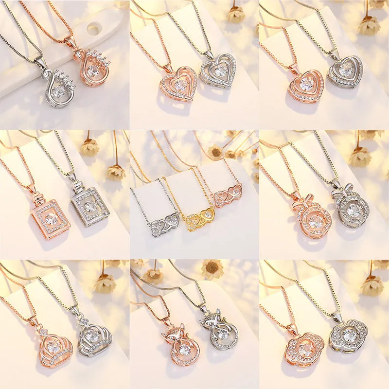 Silver love heart-shaped copper pendant necklace with crown and bow details for women