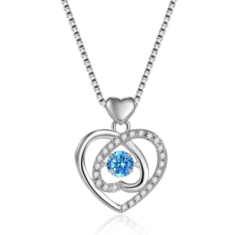 Blue diamond heart necklace and bracelet set with electroplated copper construction and gem inlaid pendant