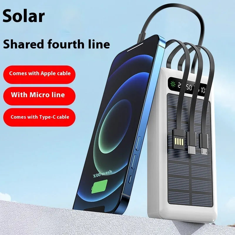 Solar power bank with cables in black, white, or green colours showing 30000 mAh capacity and solar panel
