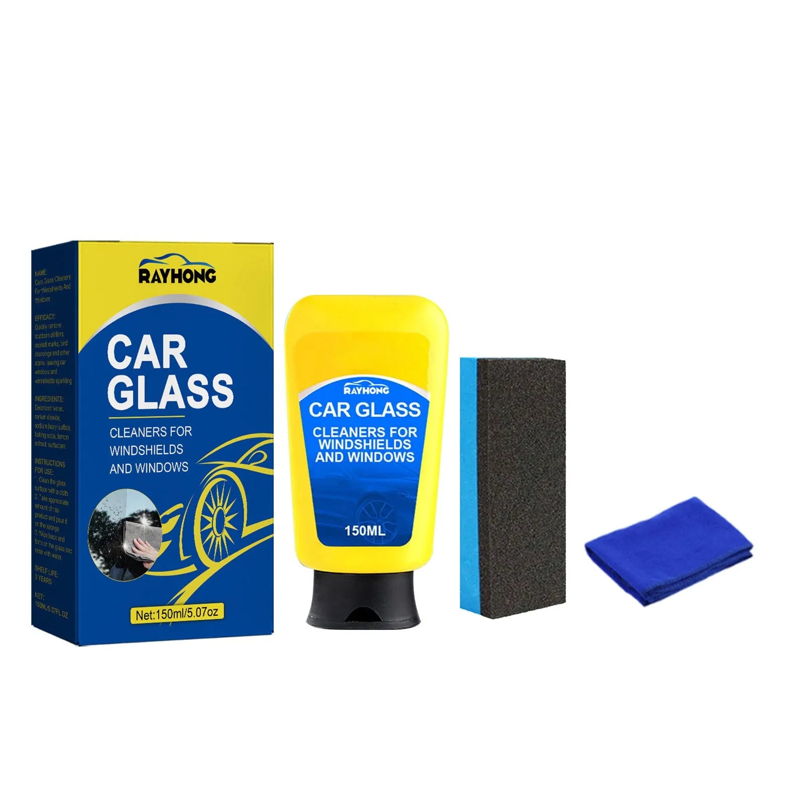 Car windscreen cleaning kit showing 150ml detergent bottle, sponge and cloth for automotive glass.