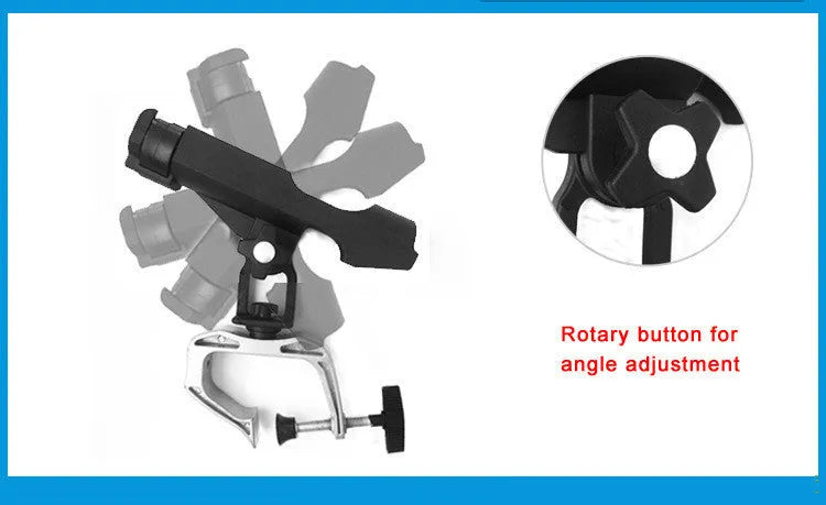 Black plastic fishing rod holder with aluminium G clamp mount, 360 degree adjustable, 250 x 250 x 100mm