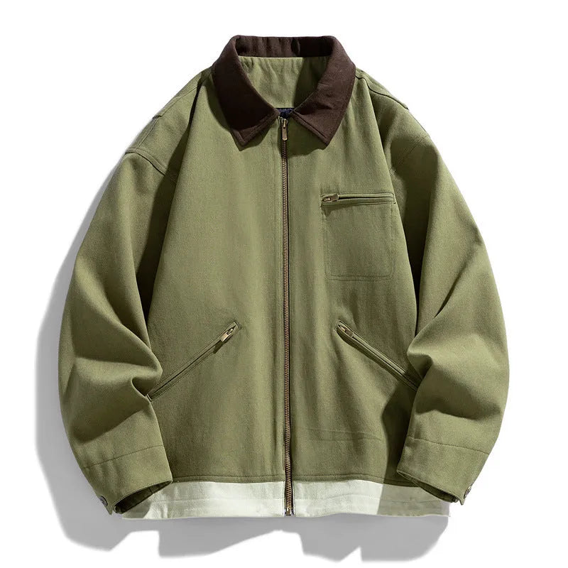 Men's retro workwear jacket with contrast lapels in loose autumn fit