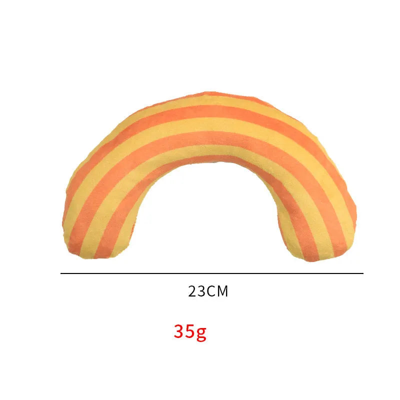 Striped pattern cat pillow with noise toy containing built-in catnip, measuring 23 by 20 centimetres