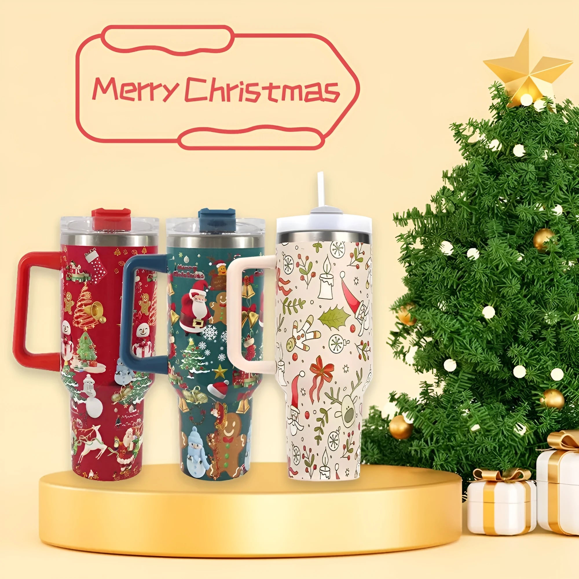 Red Christmas pattern stainless steel travel tumbler with handle and straw