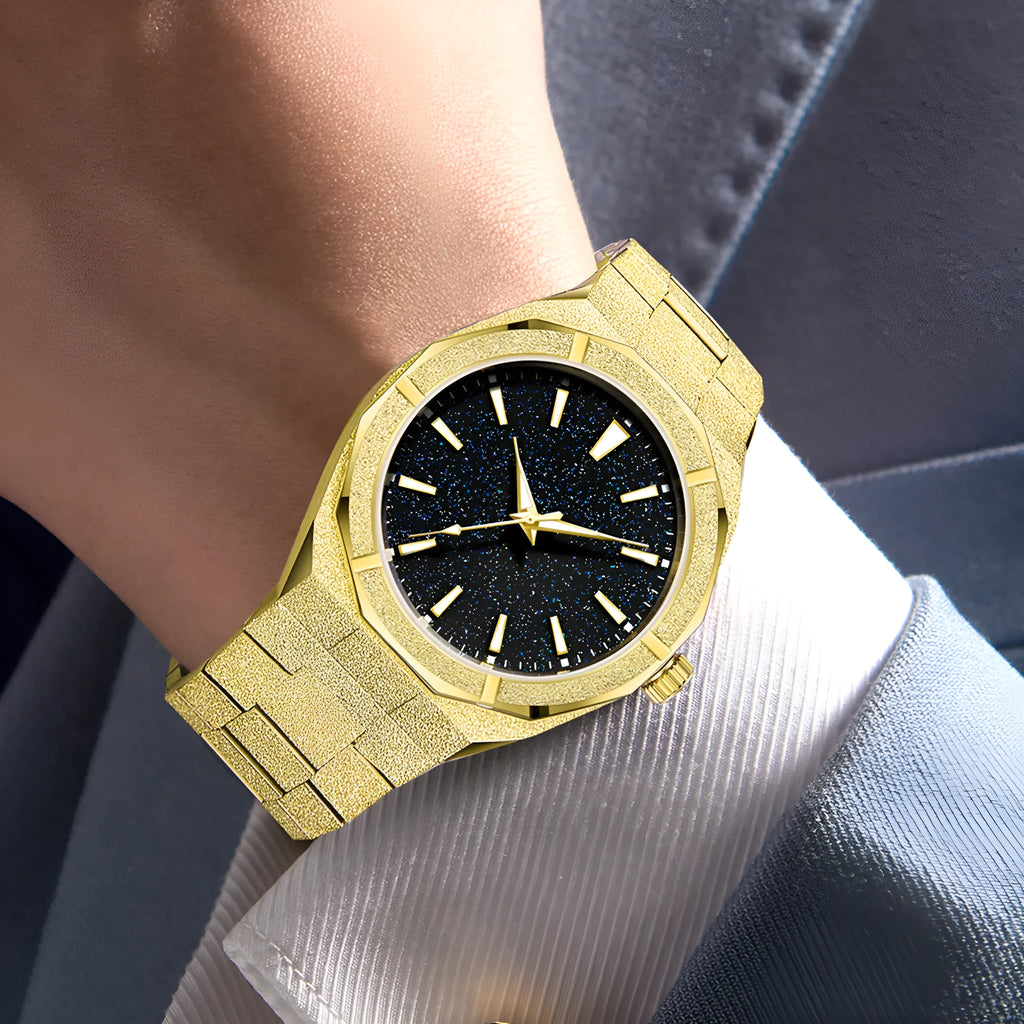 Men's frosted stainless steel business watch with luminous markers on dial in black, gold, or silver.