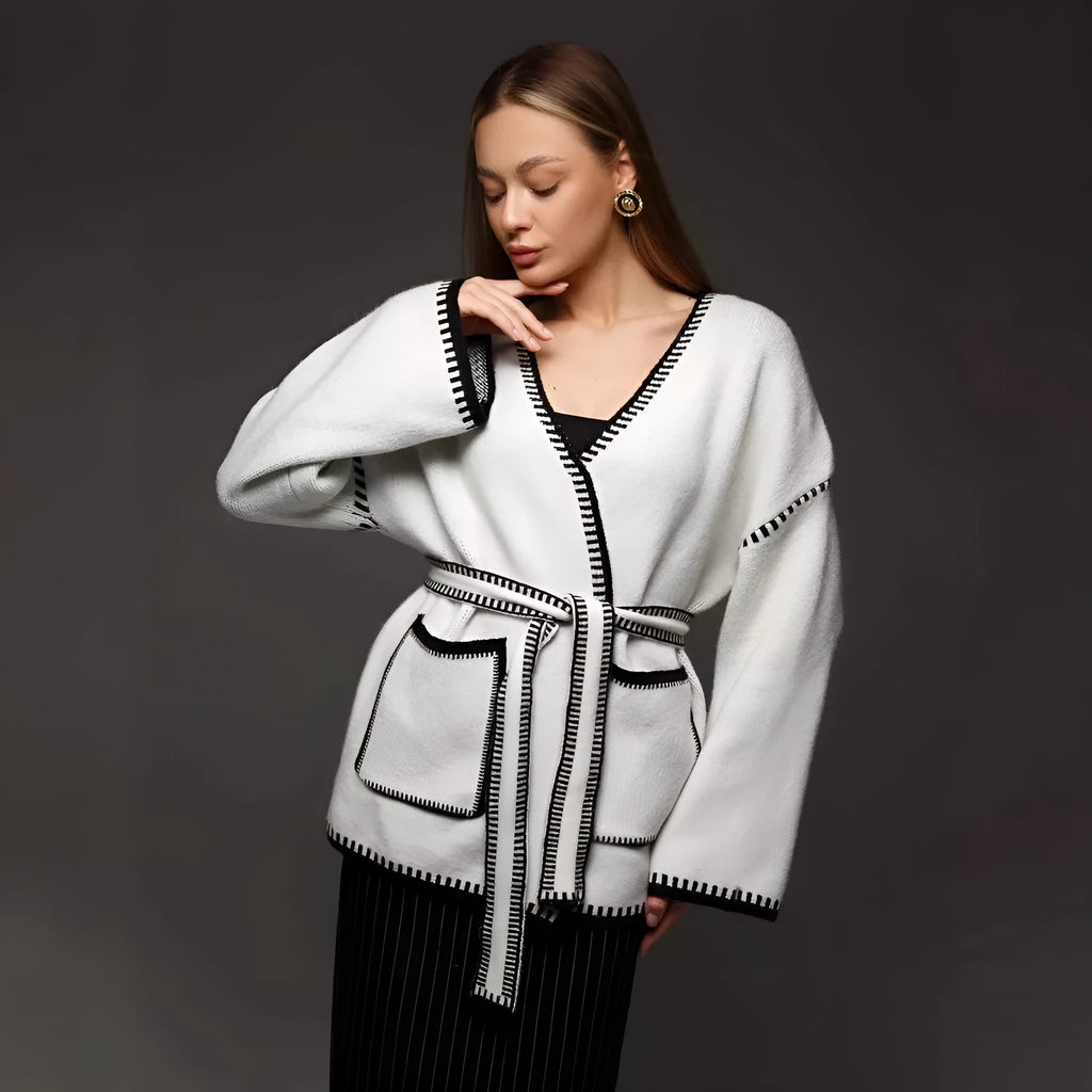 Loose lace-up knitted cardigan sweater coat in imitation cashmere, shown in camel colour
