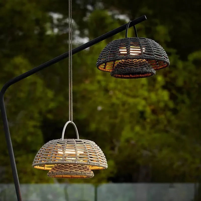 Outdoor chandelier garden lamp, 25cm stainless steel LED 5W IP65 plug-in, Rattan Colour or Taupe