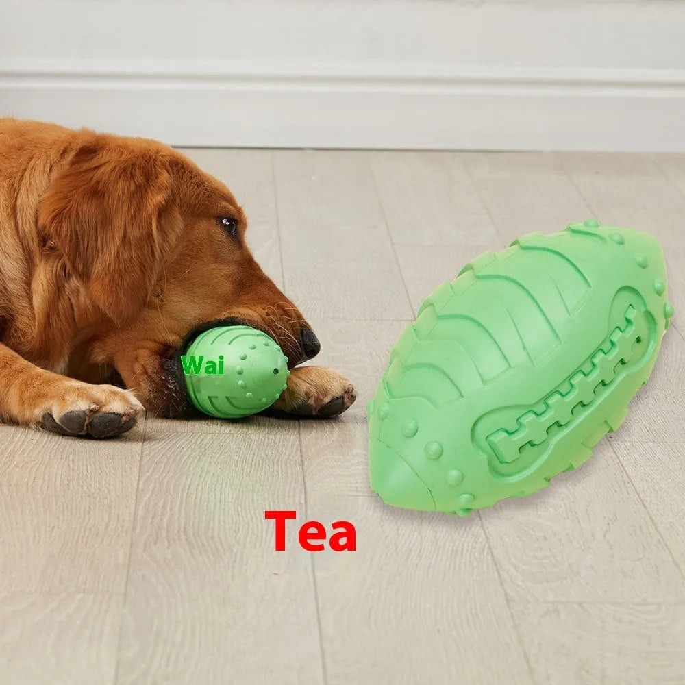 Bite-resistant rubber rugby dog toy in light green or blue with vocal features for interactive training