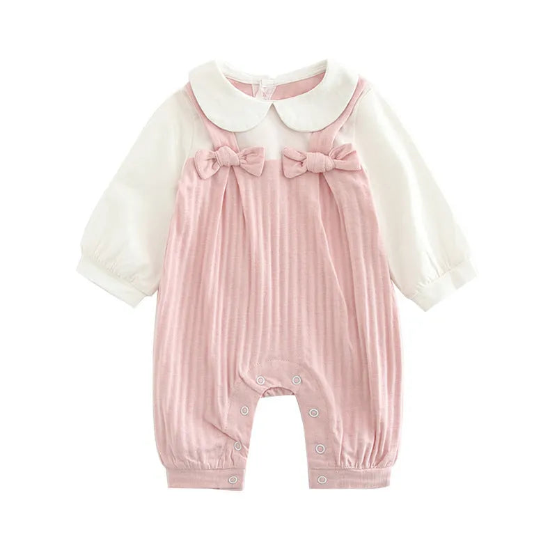 Pink embroidered cotton baby girl jumpsuit with long sleeves and single-breasted closure