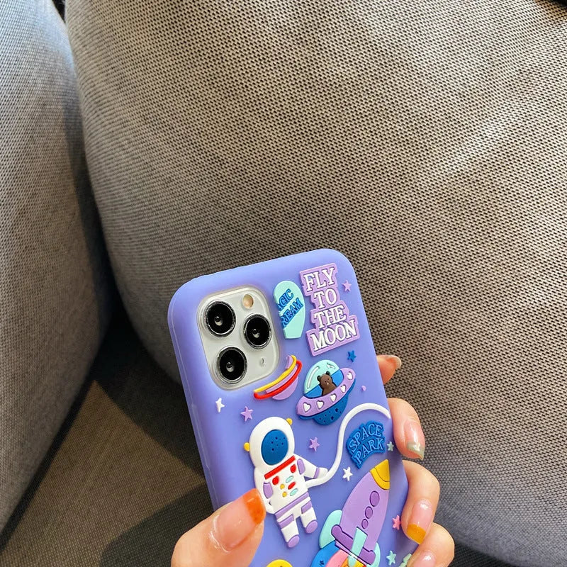 Purple silicone iPhone case with cartoon astronaut design for multiple iPhone models