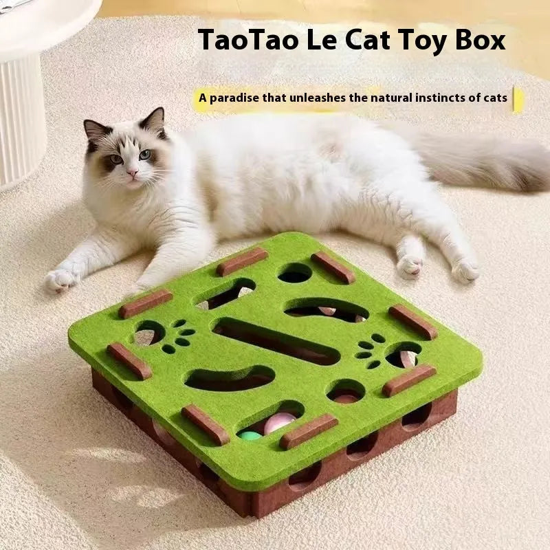 Green brown felt box cat toy with holes for interactive puzzle play.