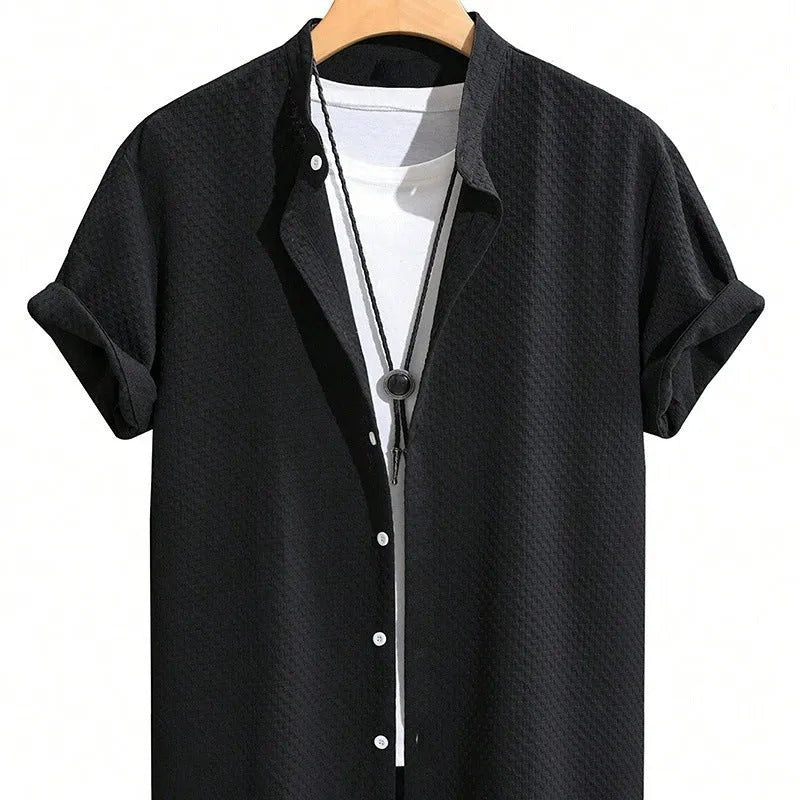 Summer men's casual stand collar short sleeve shirt in solid colour with loose fit and hemp blend fabric