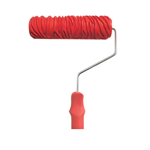 Red handled 7 inch texture paint embossing roller for creating relief patterns on walls.