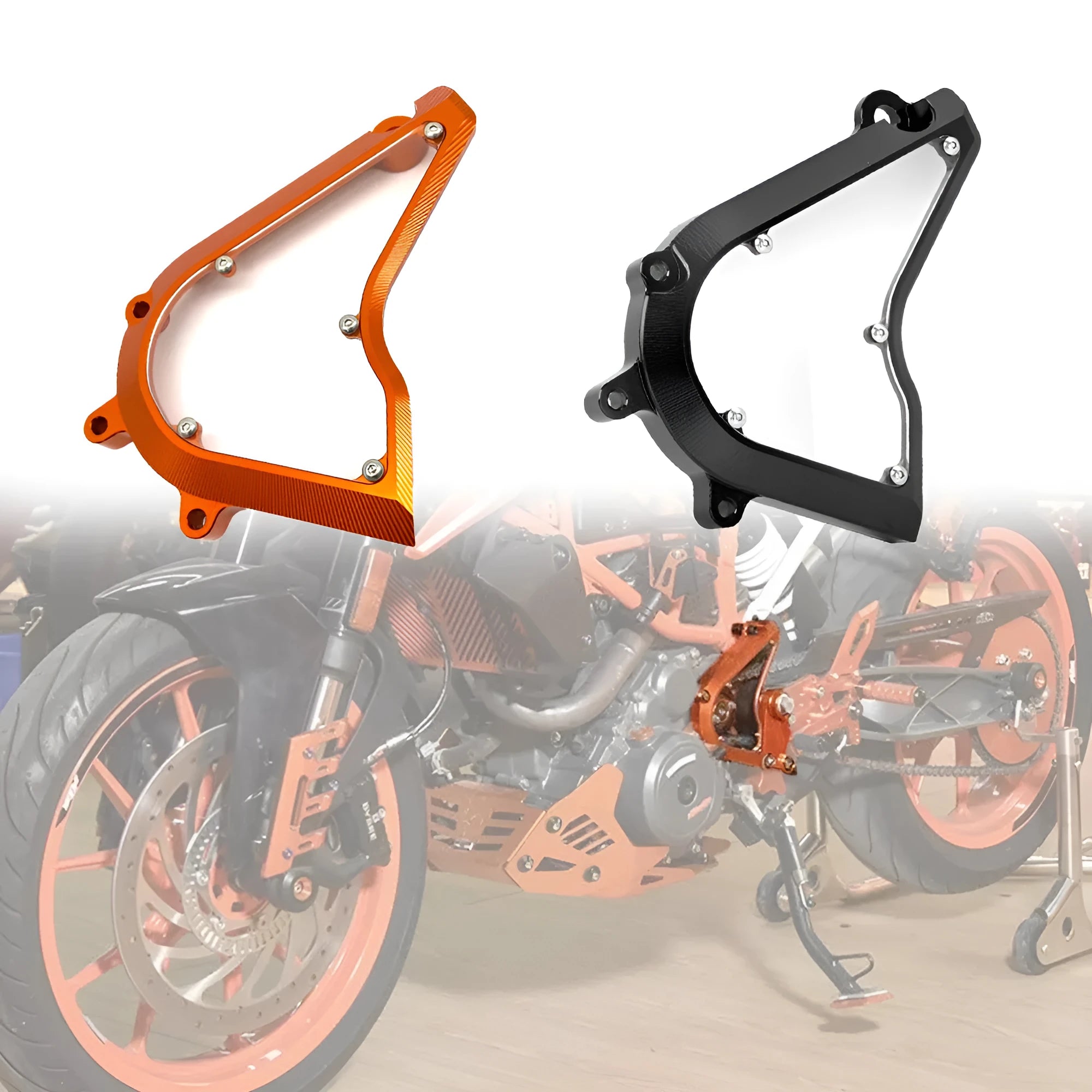 Black and orange motorcycle chain cover for KTM Duke 250 390 models with 20x15x5 cm dimensions