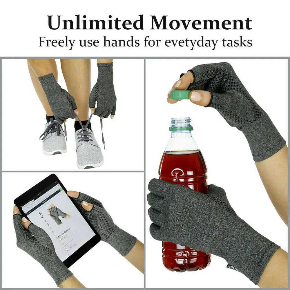 Grey half-finger joint compression gloves made from Trueran spandex fabric on a hand.