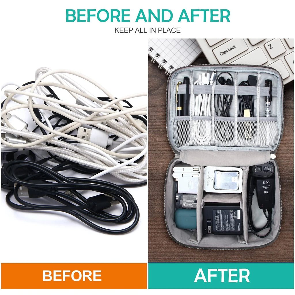 Black electronics organizer travel cable bag with removable dividers, mesh pockets, and a top handle