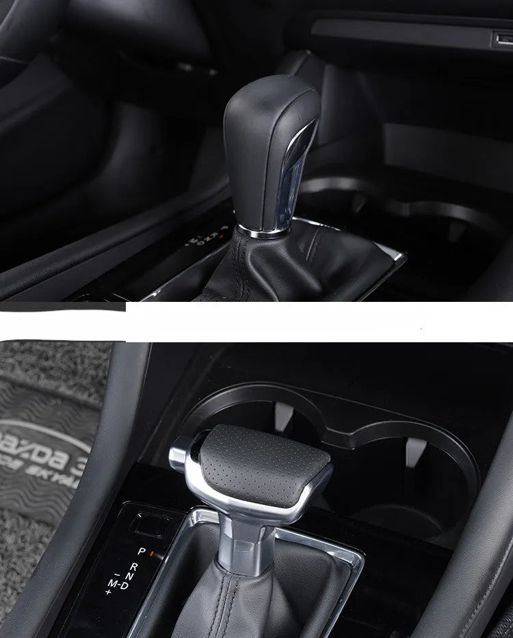 Genuine leather car gear shift knob in black and silver decoration
