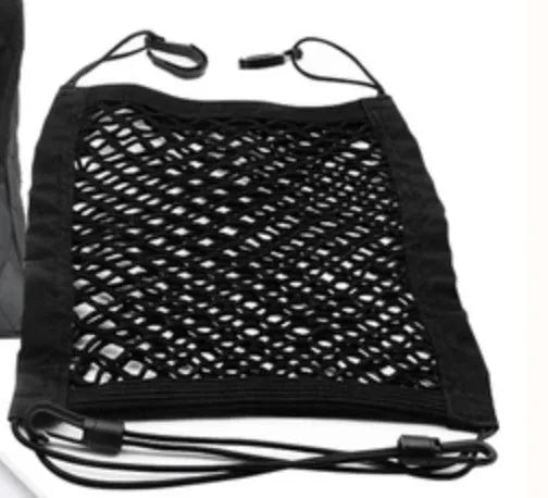Nylon car seat storage net pocket 27x39x10cm in black, fitted between front seats