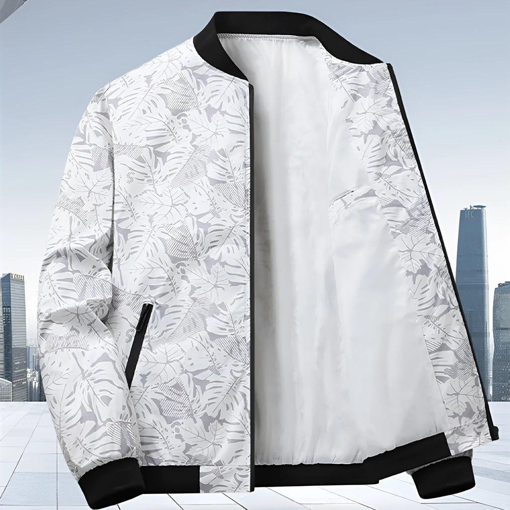 Men's autumn casual jacket with floral pattern in polyester fibre, available in grey, black, white, and blue, sizes M to 4XL