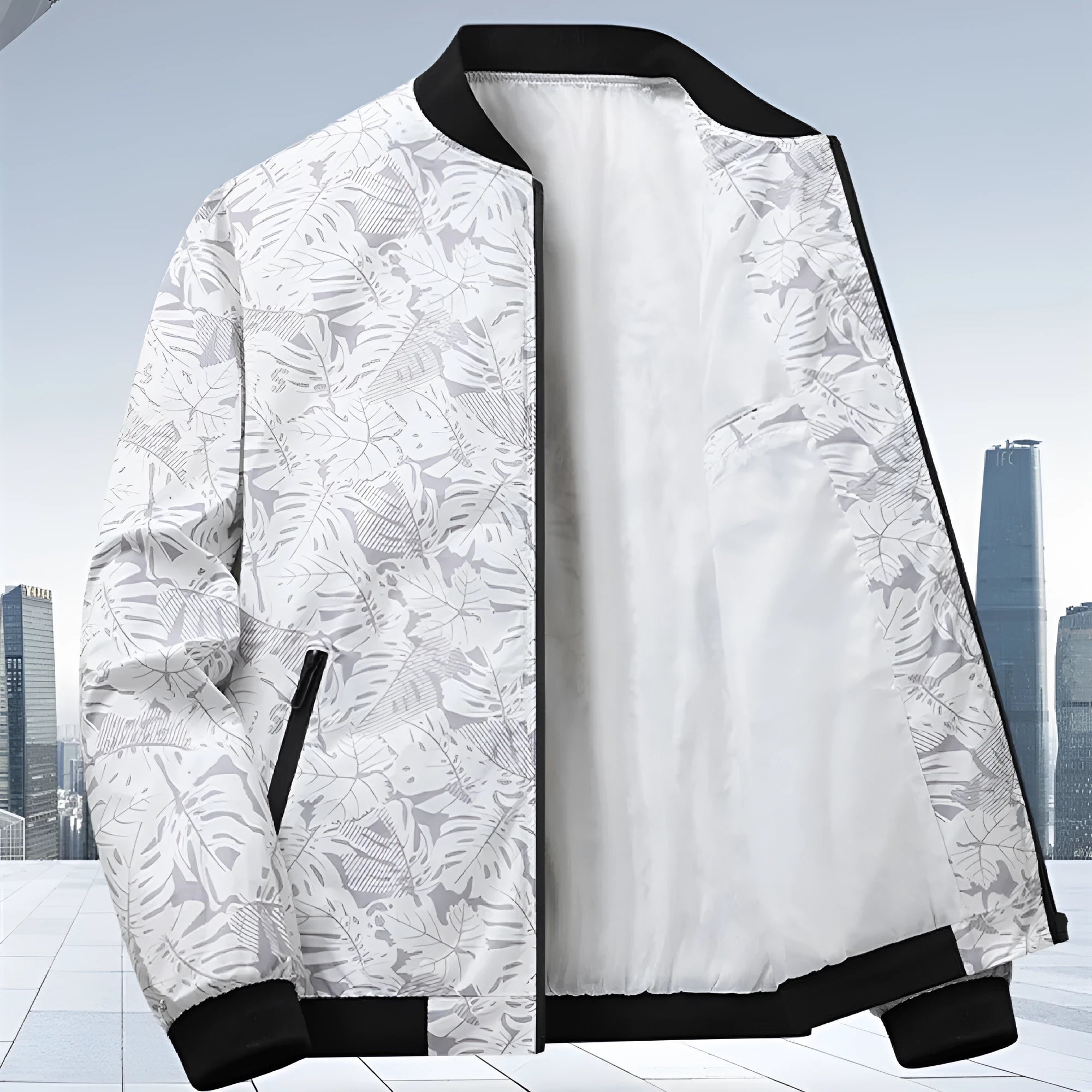 Men's autumn casual jacket with floral pattern in polyester fibre, available in grey, black, white, and blue, sizes M to 4XL