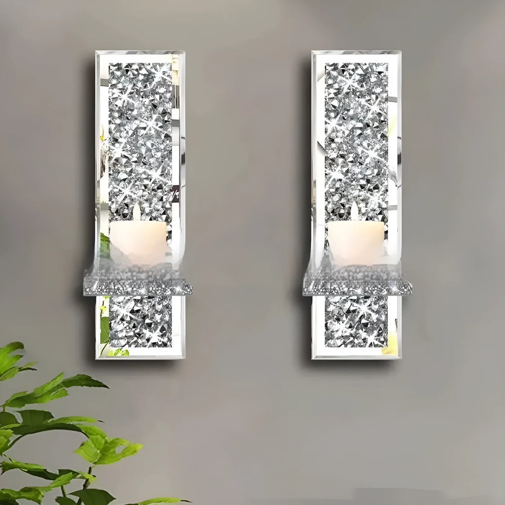 Silver mirror glass wall candle holders pair, modern style, 38cm tall