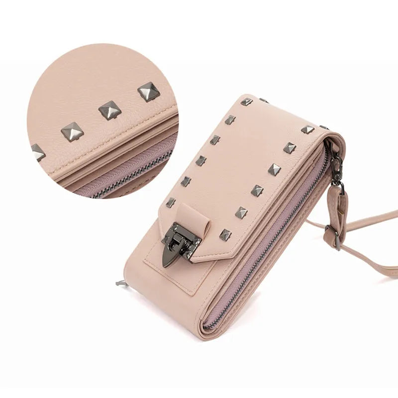 Rivet design crossbody bag for women in solid colour PU leather with card slot and cover closure