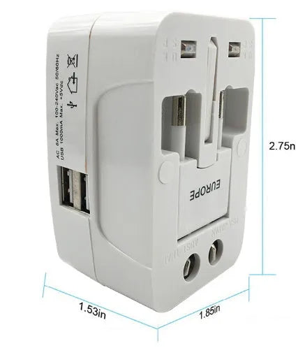Compact universal travel plug converter adapter for multi-country mobile phone charging.