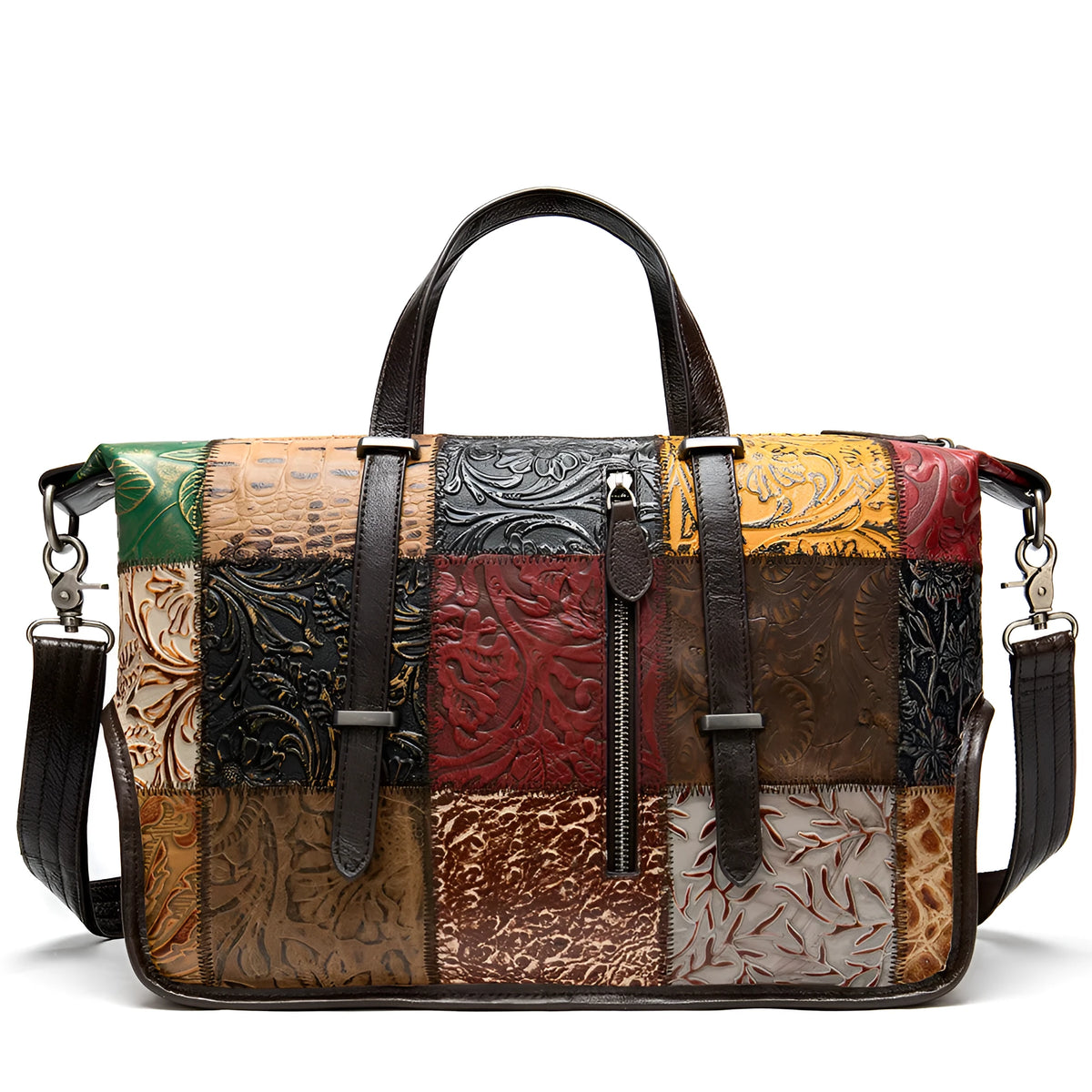 Cowhide leather women's handbag in multi-colour, 36cm long with zip closure and shoulder straps.