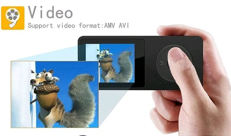 Slim black MP4 player with a 1.8 inch colour screen showing a music menu, placed next of headphones.