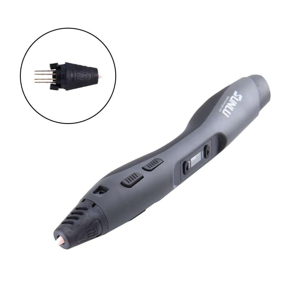 Plastic 3D printing pen in black with nozzle tip, 18cm long, on white background
