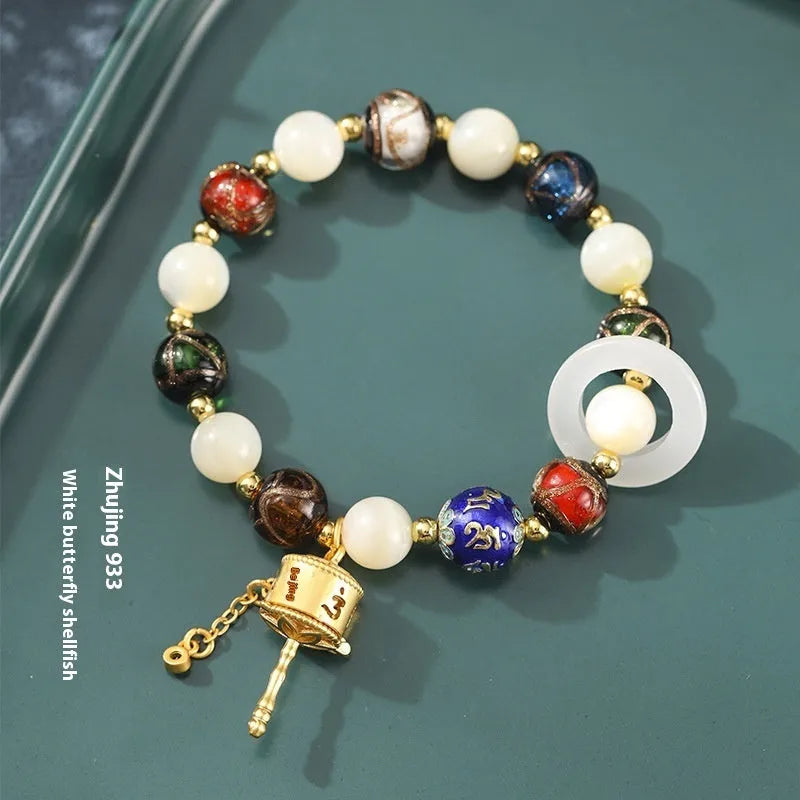 Hand-woven fragrant grey coloured glaze bracelet with sunstone, shell, and glass moon beads