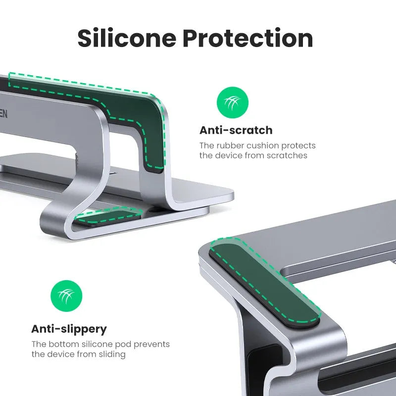 Silver aluminium laptop cooling stand with adjustable width from 12mm to 26mm