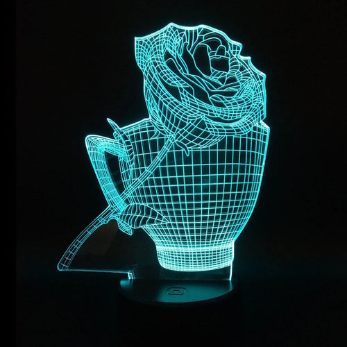 3D rose-shaped LED night light on a black base showing multiple colour options
