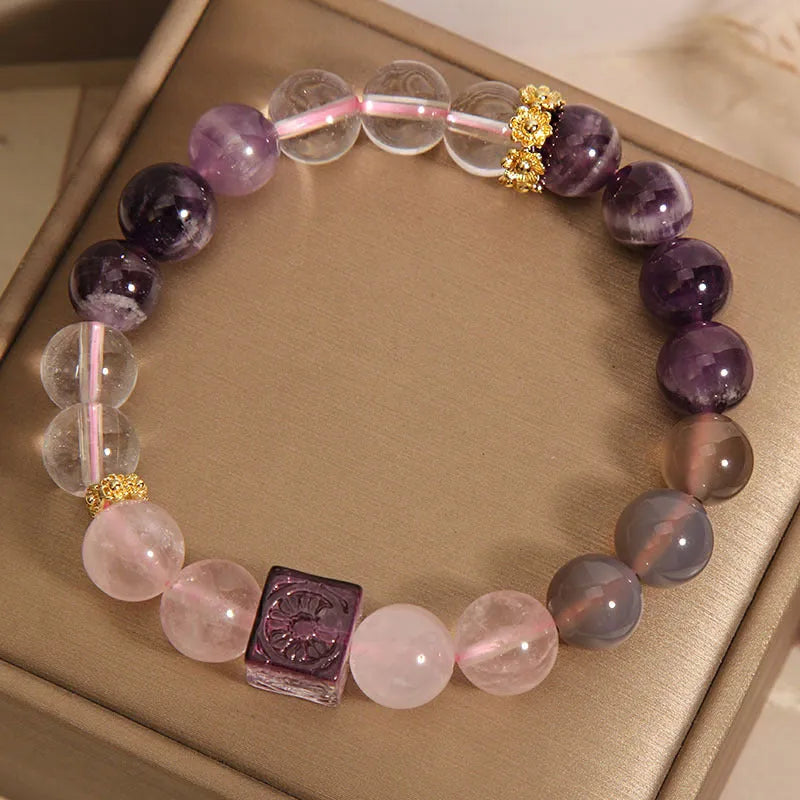 Purple women's bracelet with natural amethyst and crystal rhinestones, 10mm size