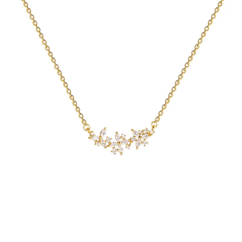 Titanium steel flower pendant necklace with petal zircon and mixed gem inlay, X251 gold, adjustable O-ring chain
