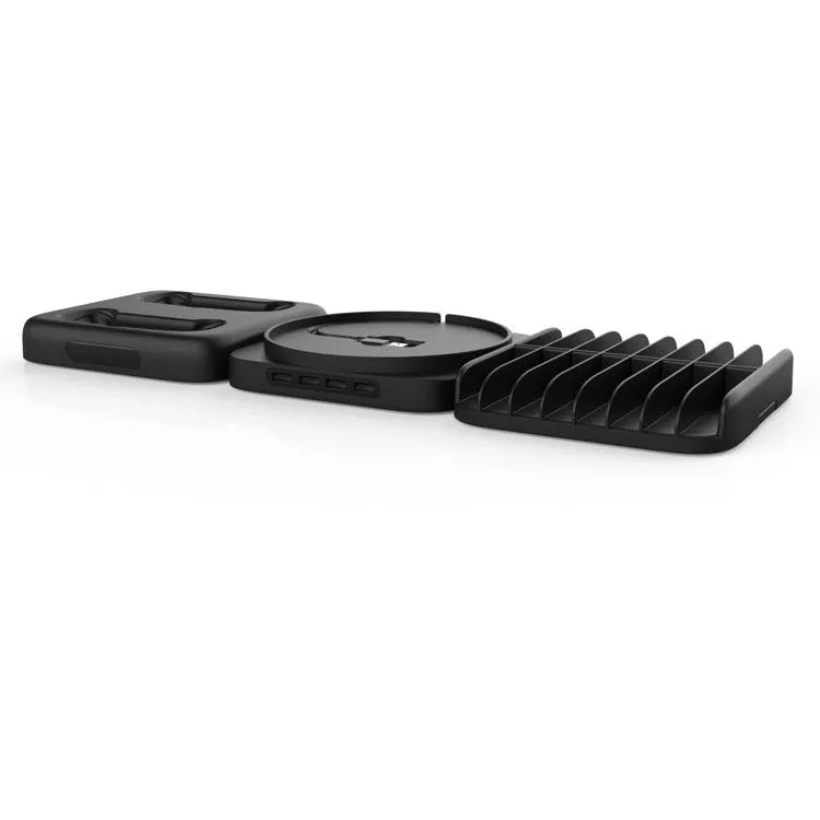 Xbox Series X three-in-one accessory set in black with main unit base, controller charging station, and disc storage rack