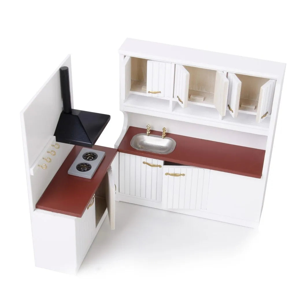 Two-piece white dollhouse kitchen cabinets with working doors and metal handles