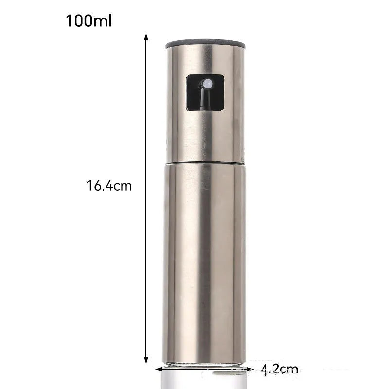 Stainless steel press type oil spray bottle with 100ml glass body and visual scale