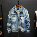 Slim fit blue cotton washed denim jacket for men with long sleeves and regular sleeve type