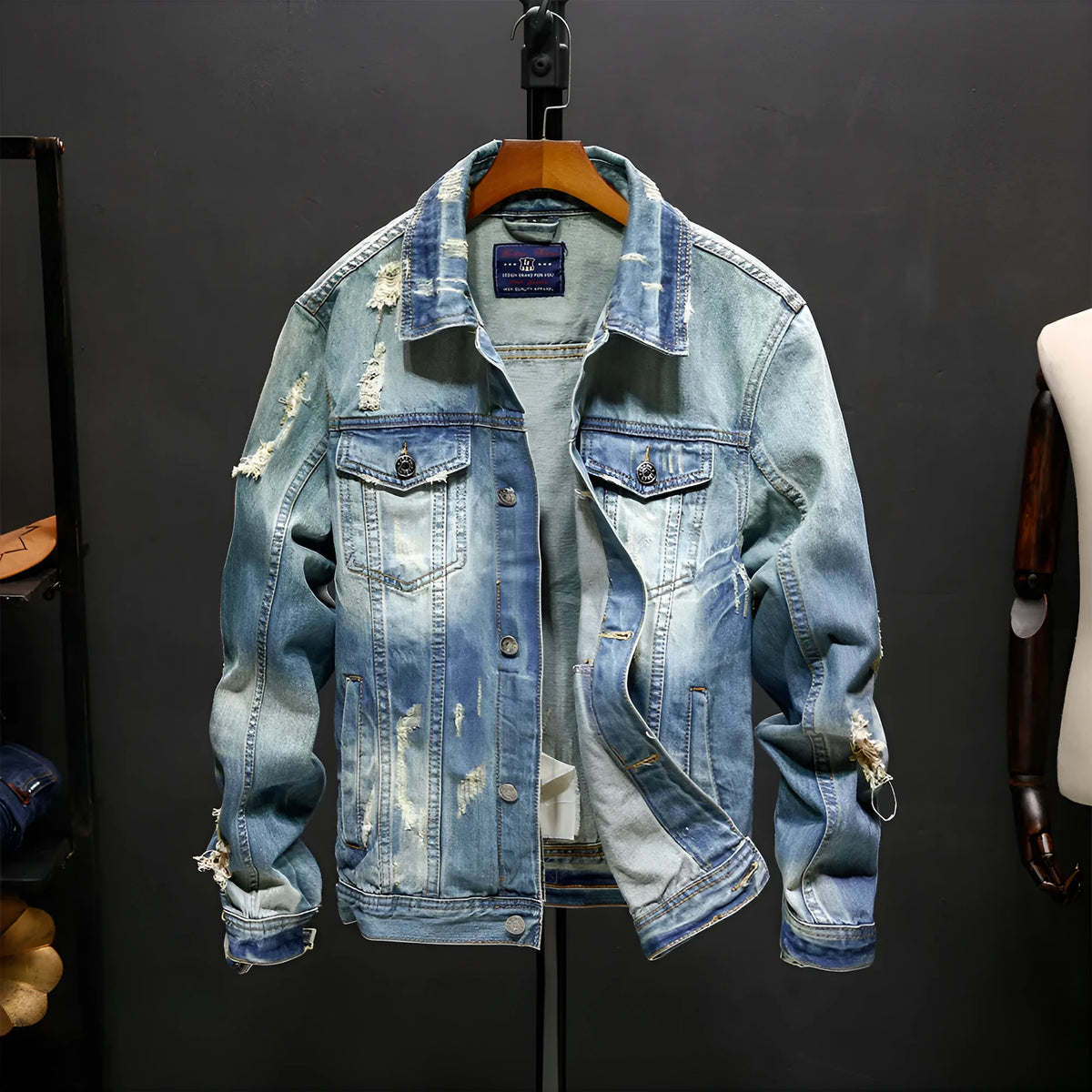 Slim fit blue cotton washed denim jacket for men with long sleeves and regular sleeve type