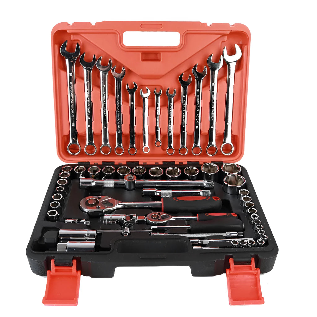 61-piece chrome vanadium steel socket wrench and auto repair tool set with metric sockets.