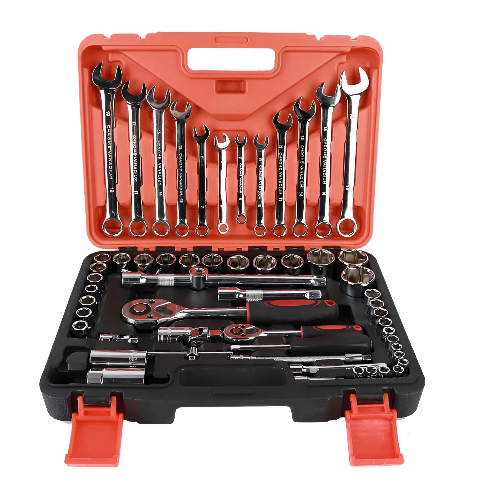 61-piece chrome vanadium steel socket wrench and auto repair tool set with metric sockets.