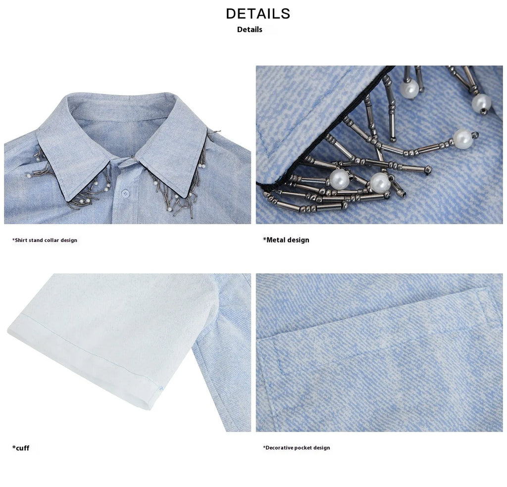 Men's loose fit blue and white gradient short sleeve shirt with quilted pattern