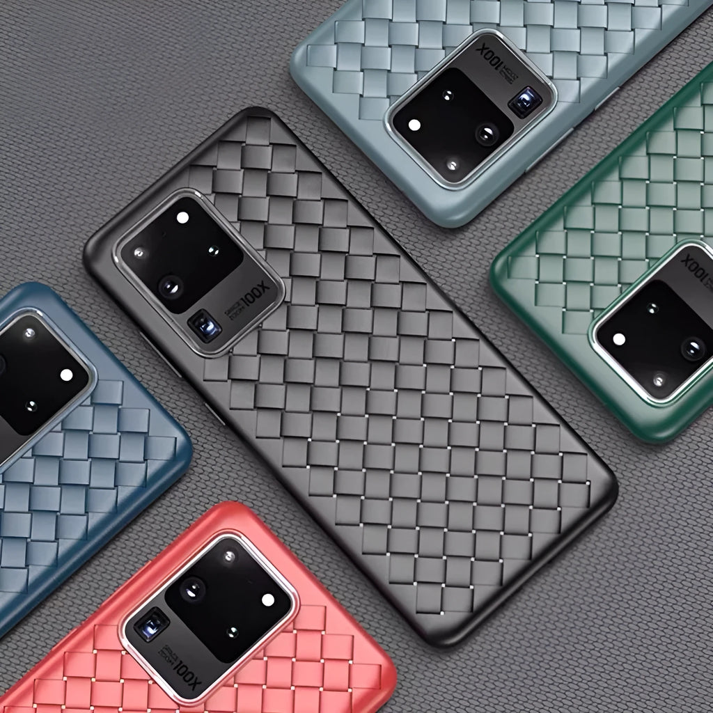 Woven texture TPU phone case for Samsung Galaxy models in black, blue, green, grey, red.