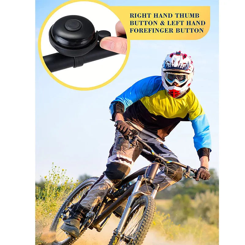 Black bicycle bell with 58mm diameter and thumb-operated mechanism for handlebar mounting