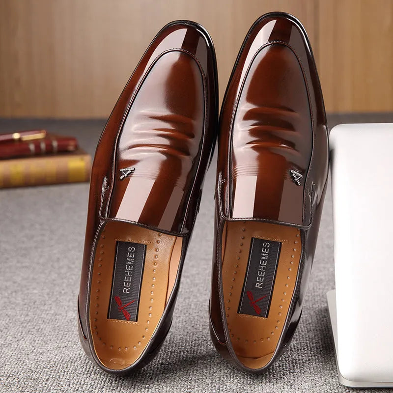 Micro REEHEMES patent leather men's dress shoes in black, glossy British-style business formal lace-up shoes